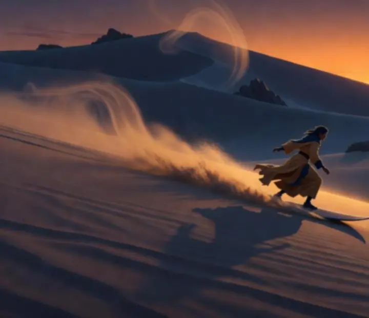 Nyugodt, sivatagi táj Alto’s Odyssey hangulatával, meleg naplemente fényben
