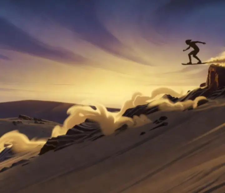 Sandboarding kaland az Alto’s Odysseyben, ahol a játékos a sivatagi dűnék felett száguld a naplemente fényében