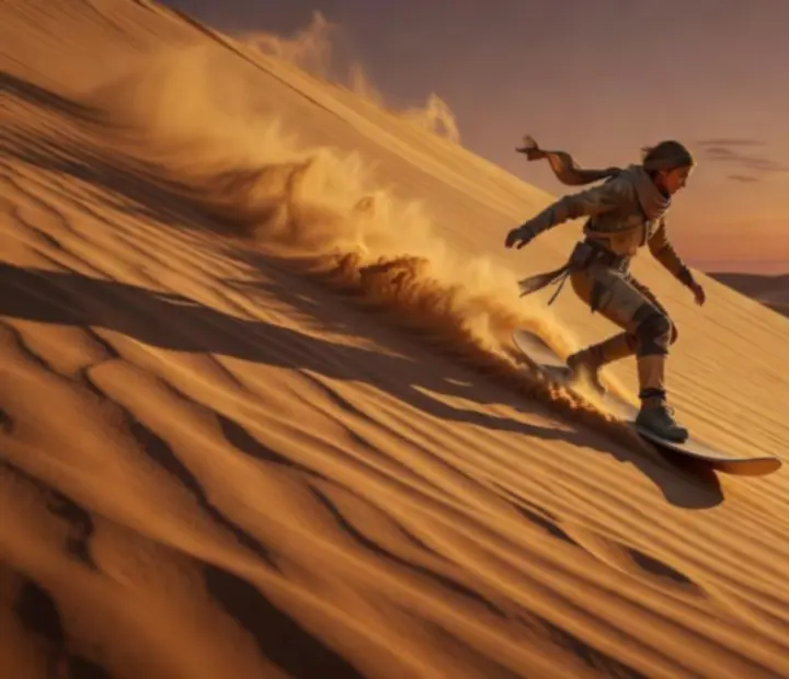 Sandboarding jelenet Alto’s Odysseyben, ahogy a karakter a sivatagi dűnék felett ugrik