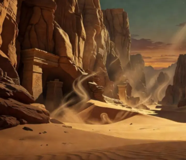 Széles kanyon Alto’s Odyssey sivatagi tájában, homokdűnékkel és meleg naplemente fénnyel