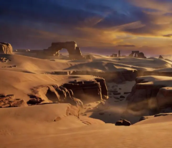 Alto’s Odyssey sivatagi világa: dűnék, kanyonok és templomok meleg, sötét tónusú naplementében