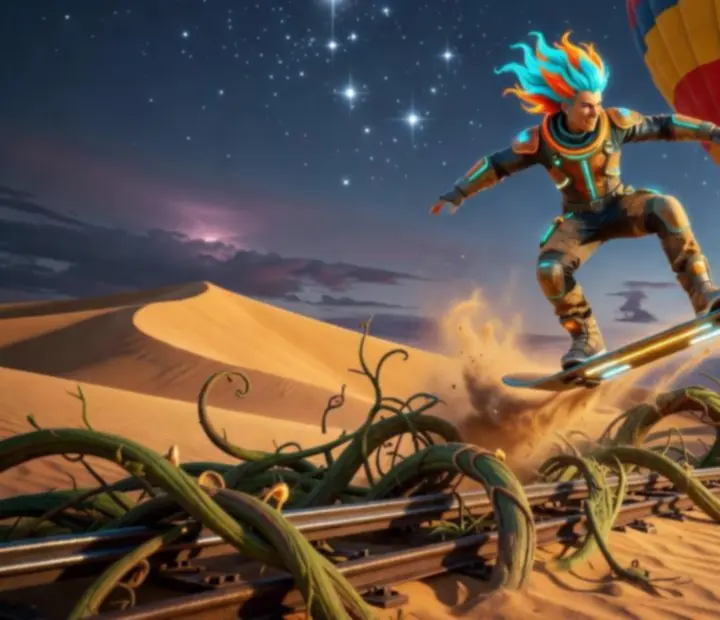 Alto’s Odyssey játékmenet: sandboarding jelenet dűnékkel, templomokkal és dinamikus fényekkel