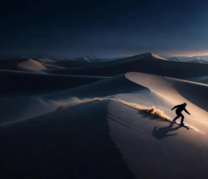 Cinematikus jelenet Alto’s Odyssey sivatagi dűnéiről, háttérben naplementével és homokdeszkázó sziluettekkel