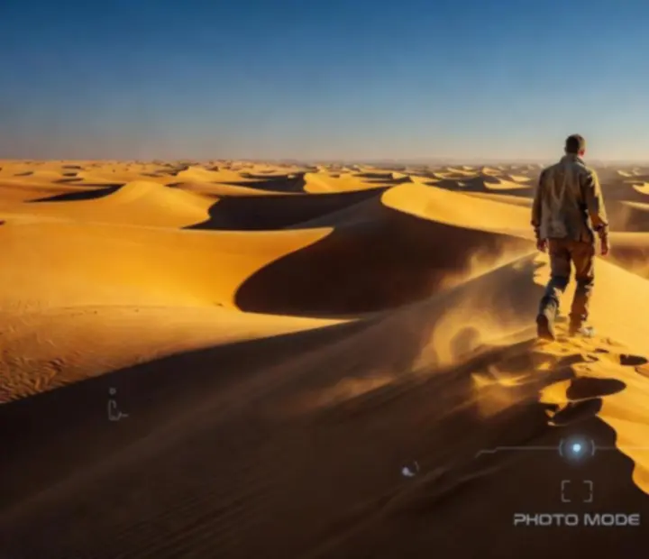 Alto’s Odyssey Photo Mode jelenet: megállított pillanat a sivatag horizontján, lágy fényekkel és meleg színekkel