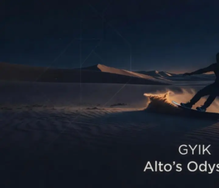 Cinematikus éjszakai sivatagi táj Alto’s Odyssey hangulatával, dűnékkel és csillagos égbolttal