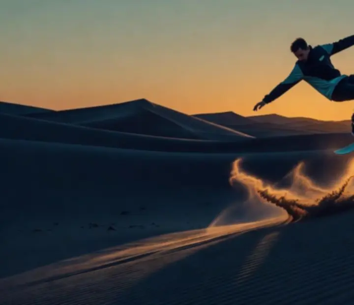 Sandboarding trükk sorozat a sivatagi dűnék felett az Alto's Odyssey-ben